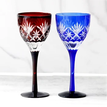 2 Bucati/set Cupe de Sticlă de Mână Tăiat de Cristal Edo Kiriko Albastru Rosu Pahare Cadou de Nunta de 6,9 în 5.3 oz