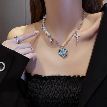 2021 Moda Vintage Neregulate Colier De Perle Pentru Femei Doamnelor Elegante De Metal Albastru Inima Pietre Pretioase Pandantiv Cravată Petrecere Bijuterii