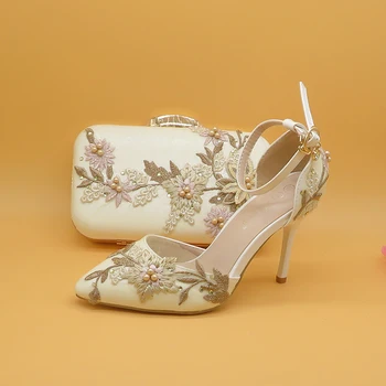 2021 Noi Dantelă Albă Floare pantofi de nunta cu saci de potrivire tocuri Ascuțite Toe Glezna Curea Doamnelor Petrecere de pantofi și sac set