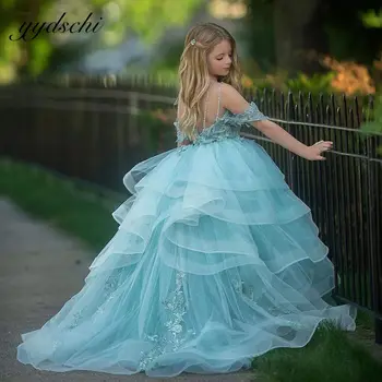 2022 Albastru Pufos Rochii Fete cu Flori De pe Umăr Rochie de Printesa pentru Copii Tul Conservatie Elegant Aplicatiile Vestidos De Novia