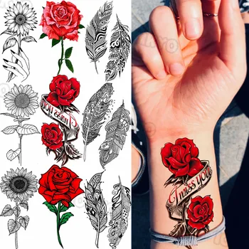 Acuarelă a Crescut Acoperit de Tatuaje Temporare Pentru Femei Fete Realist Pene de Floarea Soarelui Tatuaj Fals Autocolant 3D Antebrat Tatuaje Picioare