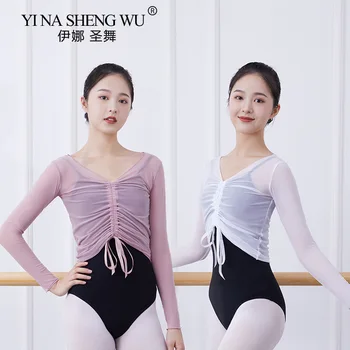 Balet Pentru Adulți Gimnastica De Dans De Top Cu Maneci Lungi Plasă De Topuri Femeile Transparent V Gât Cordon Pentru Dans Practică Costume Topuri