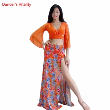 Belly Dance Set Costum pentru Femei Cusomzied Sifon Flare Mâneci Sus+imprimare Fusta Lunga 2 buc Bellydance Costum Oriental Tinuta