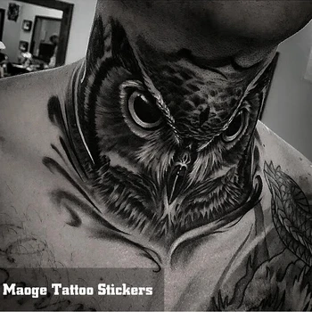 Black Owl Autocolant Tatuaj Temporar Rezistent La Apa De Durată De Mână-Pictat De Mână Înapoi Gât Tatuaj Fals Mare Personalitate Autocolant Tatuaj Bărbați