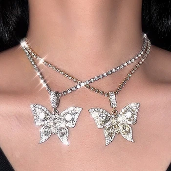 Bling Pandantiv Fluture Mare De Cristal Colier Pentru Femei De Aur De Argint De Culoare Pavate Stras Lanț Cravată Colier Bijuterii De Lux