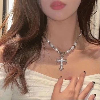 Coreea Stras Strălucitoare Crucea Pandantiv Colier Cu Lanț Pentru Femei Fată Elegant Imitații De Perle Collares Petrecere Indesata Bijuterii Cadou