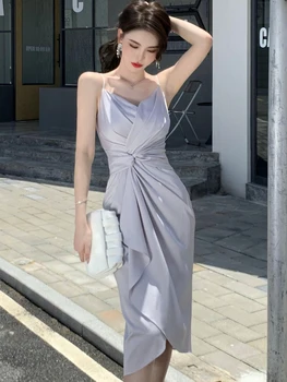Coreeană Eleganta Pentru Femei Rochie De Seara Din Satin Vintage Chic, Sexy Curea Falduri Fantă Midi Club De Partid Plajă Doamna Halat Femme Mujer Vestidos