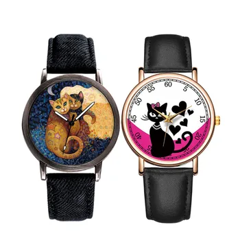 Creative Cuplu Ceas De Lux Marca Cuarț Ceasuri De Mana Iubitor De Drăguț Pisica Dial Femei Ceasuri Denim Trupa De Fete Ceas Relogio Feminino