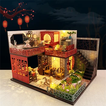 Diy din Lemn Kituri de case Papusa in Miniatura, Cu Mobilier în Stil Chinezesc Vila Mansarda Casa Vila de Păpuși Jucarii Pentru Crescut-up Cadouri pentru Copii