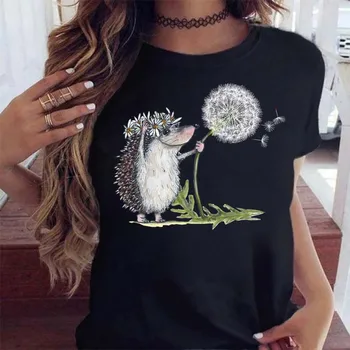 Drăguț T-shirt Femei Arici de Papadie Imprimare Tricou Casual de Vara Mâneci Scurte Tee Topuri Kawaii Femei Tricou Streetwear