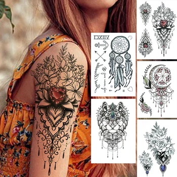 Fals, Lanțuri De Bijuterii Tatuaje Temporare Pentru Femei Fete Vis De Veghe Bufnita Lup Autocolant Tatuaj Floare Spate Dreamcatcher Tatuaj Mare