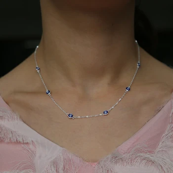 Farmecele Boho argint 925 Lant Albastru Margele rosii deochi Colier pentru Femei de Moda Coliere kolye colar collares