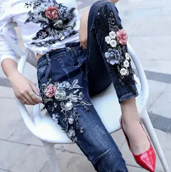 Femei Moda coreeană broderie Flori Slim Haroun Blugi Femei Sexy Jeans Plus Size Haroun pantaloni TB641