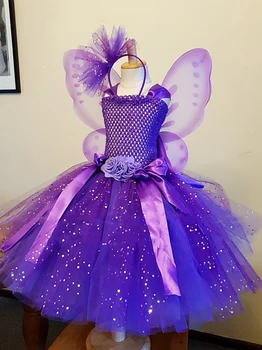 Fete Purple Glitter Fairy Rochie Tutu Copii Croșetat Tul Rochie de Flori Rochie de Minge cu Aripa Hairbow Copii Costum Petrecere Rochie