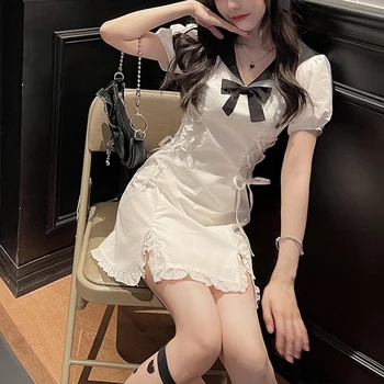 Japoneze Kawaii Fairy Rochii Albe pentru Femei de Vară 2021 Volane Partidul Mini Lolita Rochii Puff Maneca Dantela Split Rochie Bodycon