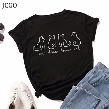 JCGO Vara Femei T Shirt S-5XL Versatil Bumbac Pisici Drăguț Print cu Maneci Scurte Doamnelor de Bază Teuri Topuri Casual, O-Neck Tricou Femeie