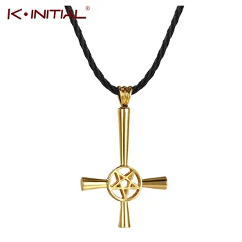 Kinitial Retro Pentagrama Inversată Cruce Coliere cu Susul în Jos Lucifer Satan Simbol Satanic Pandantiv Colier pentru om Punk Bijuterii