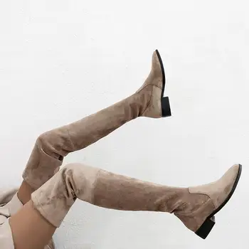 LAIGZEM Elastic Femei Coapsei Cizme Înalte de 3 cm/5.5 CM Bloc Compact Cizme cu Toc Peste Genunchi Doamnelor Bota Pantofi de Femeie Bota Dimensiune 41 42 43