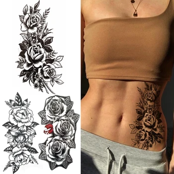 Mare De Flori De Trandafir Tatuaj Temporar Pentru Femei Bloosom Bujor Tatuaje Negre, Frunze De Transfer De Apă Sexy Tatuaje Florale Talie Umăr
