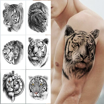 Mare Tigru Leu Tatuaj Temporar Pentru Barbati Femei Copii Adulti Busola Sabia Tatuaje Autocolant Negru De Înaltă Calitate Fals Tatuaje Antebrat