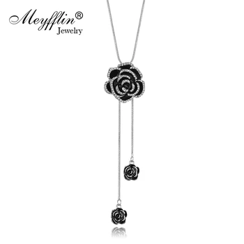 Meyfflin Noul Negru Floare Colier Lung pentru Femei de Moda de Argint de Culoare Lanț Colier Pandantiv de sex Feminin Maxi Cravată Bijuterii 2022