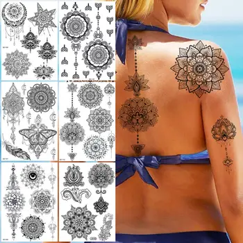 Negru Henna Tatuaje Temporare Pentru Femei Fete Realist Mandala Cu Flori Pene Stele Autocolant Tatuaj Fals Înapoi Brațul Tatuaje