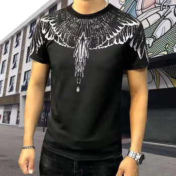 Pene Picături de Diamant Aripi Imprimate Mercerizat Haine cu mânecă Scurtă T-shirt pentru Bărbați Brand de Moda Fierbinte Diamant Ciucure T Shirt Barbati