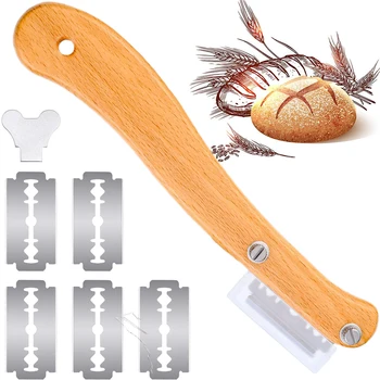 Pâine Lame Mâner De Lemn Pâine Aspră Instrument De Aluat De Notare Cuțit Cu 5 Piese Lame Inlocuibile Pentru A Face Pâine De Bucătărie