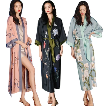 Stil chinezesc Femei Vara Pijamale Lungi din Satin Halat Kimono-Halat de baie Capotul Somn Halat Rochia cu Păun și Flori Imprimate