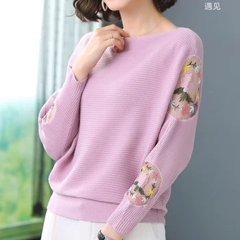 Stil coreean Gol afară de Tricotat Bluze Elegante Slash gât Bat tricou Pulover Chic Broderie cu Maneci Lungi tricotate Pulover Feminin