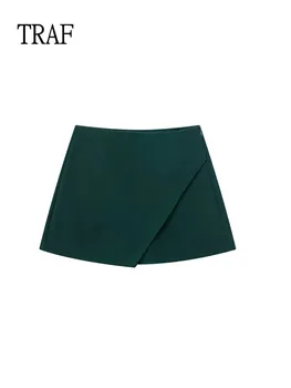 TRAF Femei Culoare Solidă pantaloni Scurți, Fusta 2023 Moda Asimetric Slim Fuste Scurte Stil coreean Negru Verde Roșu Albastru Fusta Casual
