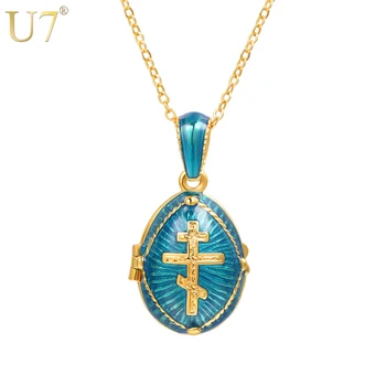 U7 Oval Albastru Cruce Ortodoxă Medalion Pandantiv Colier Si Link-Ul Lanț De Aur De Culoare Religie Creștini Bijuterii Pentru Barbati/Femei P1162