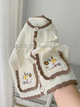 Vintage Broderii Florale Femei Echipajul gât Ripple Knit Cardigan Pulover Umflat Maneca Lunga Femei Tricotaje 2022 Toamna Iarna Noi