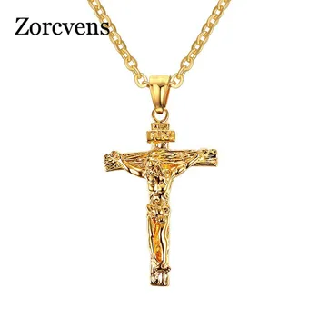 ZORCVENS Epocă Pandantiv Isus & Colier din Oțel Inoxidabil Cruce Lanț Creștin Bijuterii Cadou Negru argintiu Auriu-Culoare